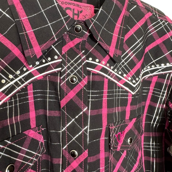 Cowgirl Hardware Plaid Western Snap Shirt Girls L 10 12 Bling Pink Black Silver - Picture 14 of 16